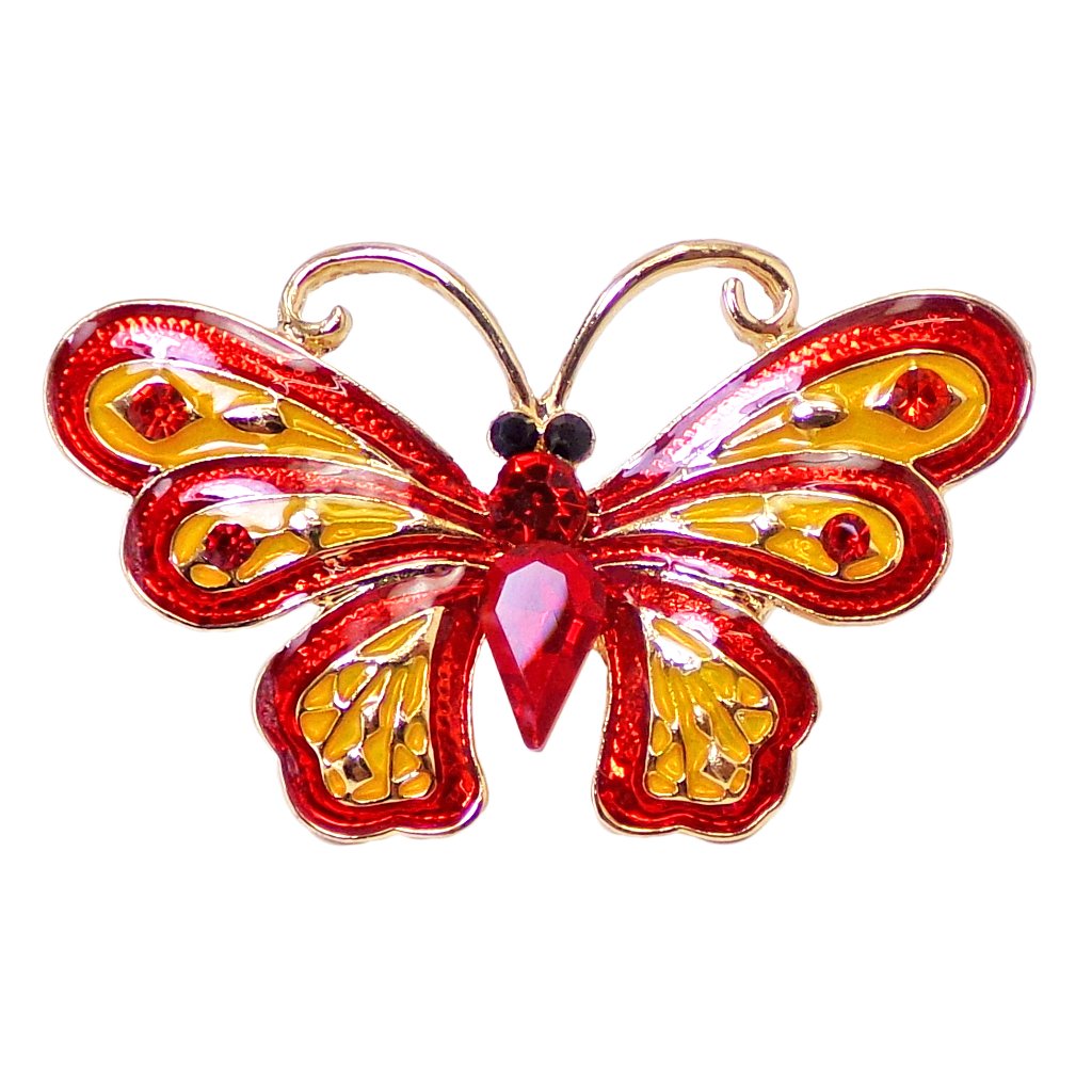 Butterfly Brooch Pin With Red Crystals And Red And Yellow Color Enamel 14$